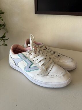 Vans White Leather Sneakers with Pink Lining and Mint Chevron
